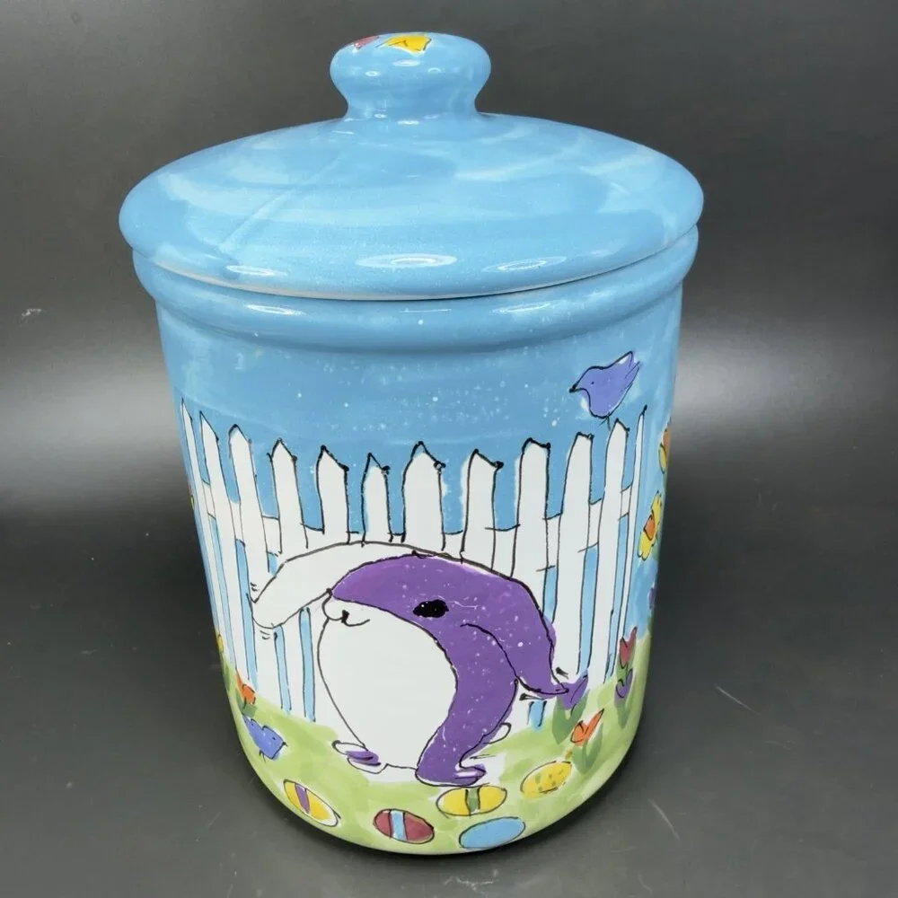 Starbucks Canister Cookie Jar Container Hand Painted Hungary Bunny Rabbit Flower - Picture 13 of 15